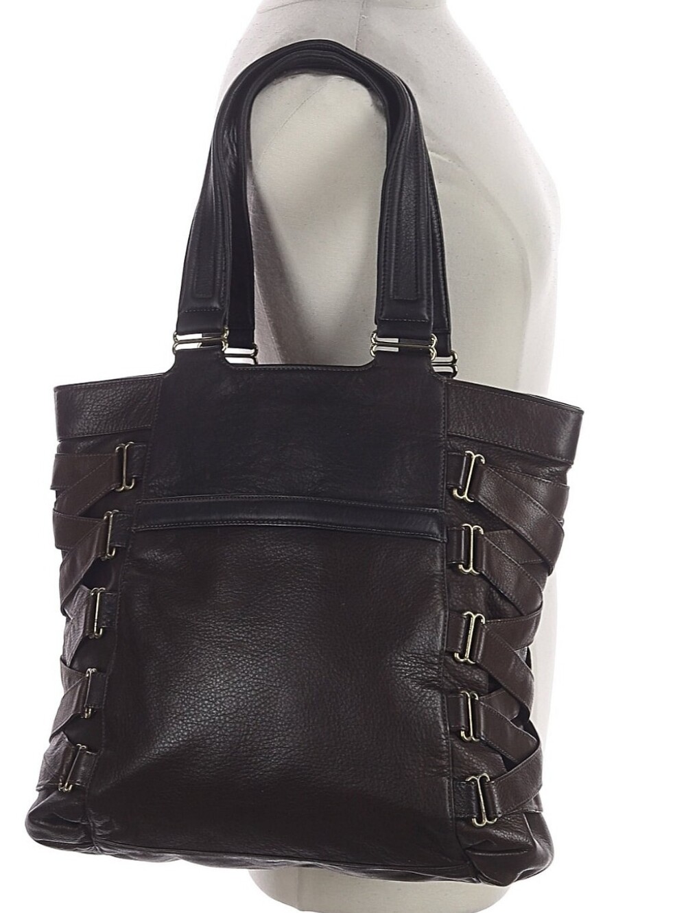 Leather FOLLIS Large Soft Calfskin Tote Bag - Espresso Brown - Vintage